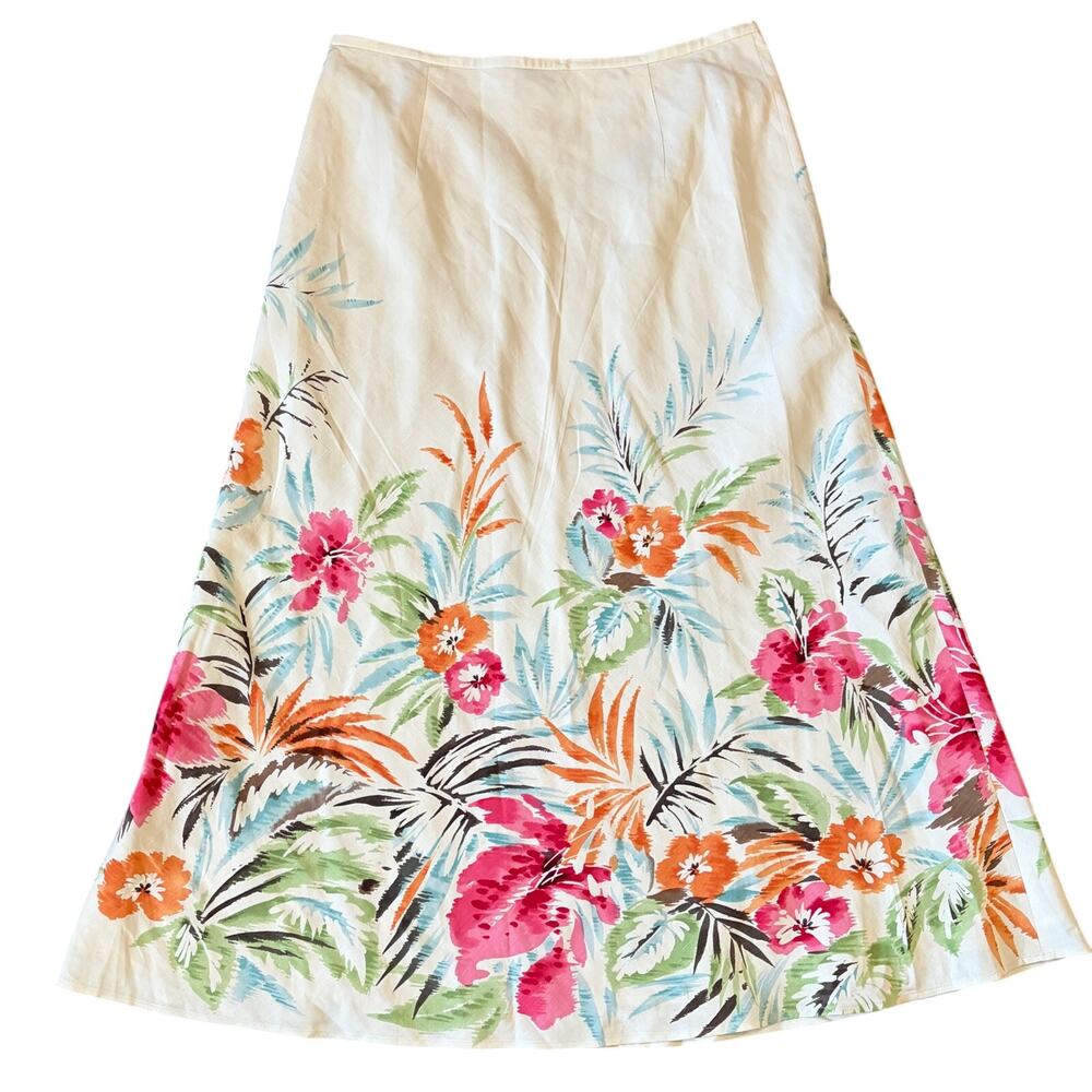 VTG Talbots Silk Linen Maxi Skirt Floral Boho Resort Cream 90s Bias Cut Sz 12 - Picture 3 of 10